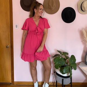 Pink tie front mini dress